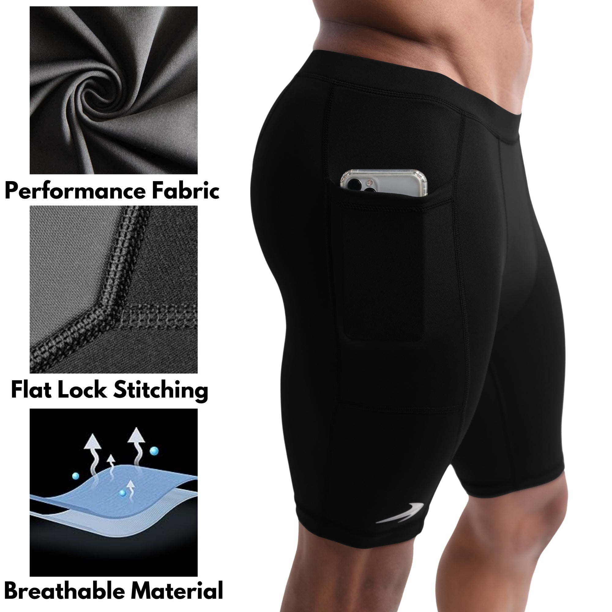 Men's 8" Polyester Compression Shorts W/ Pockets - Black