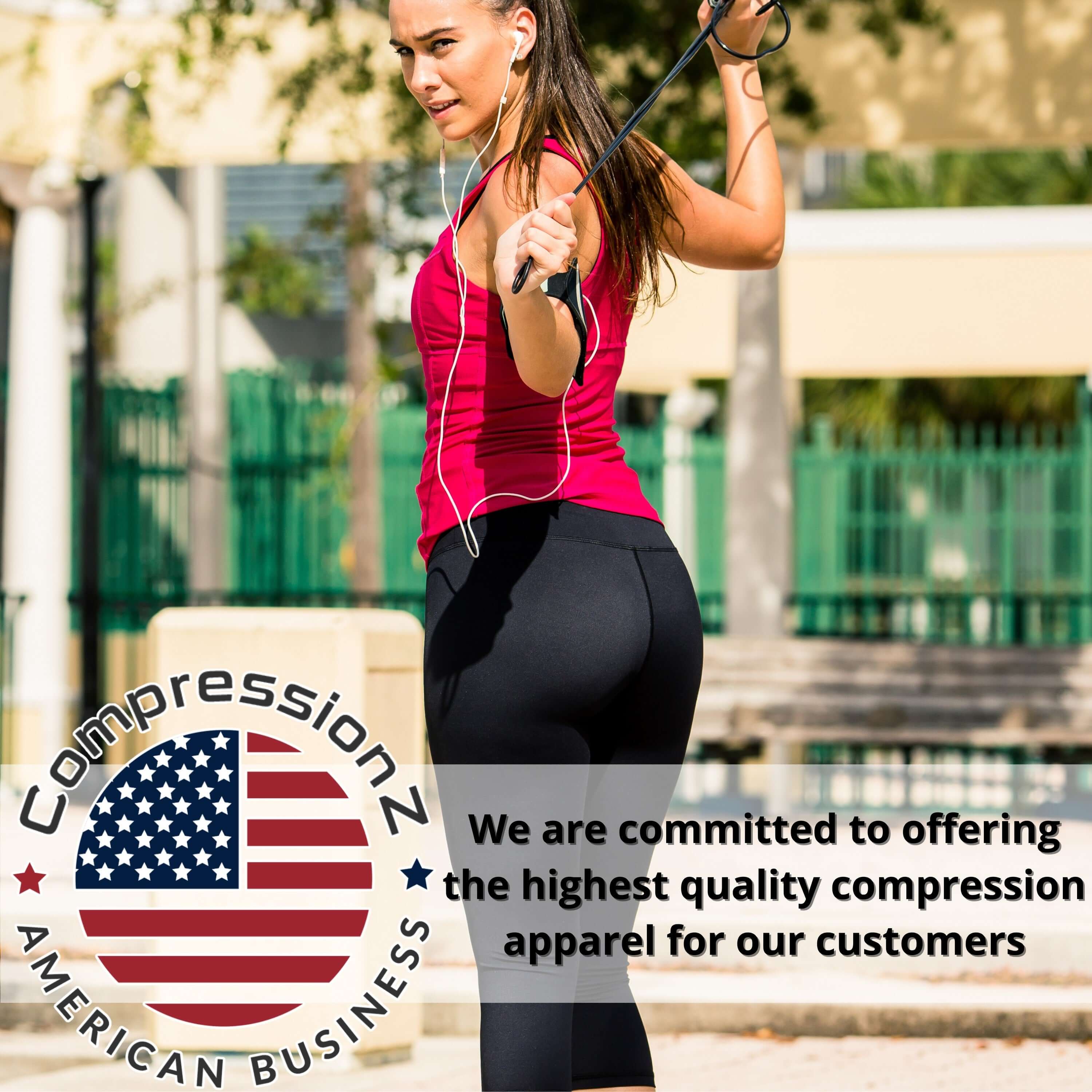 Woman wearing CompressionZ compression capris while stretching outdoors, highlighting superior quality and performance of the apparel.