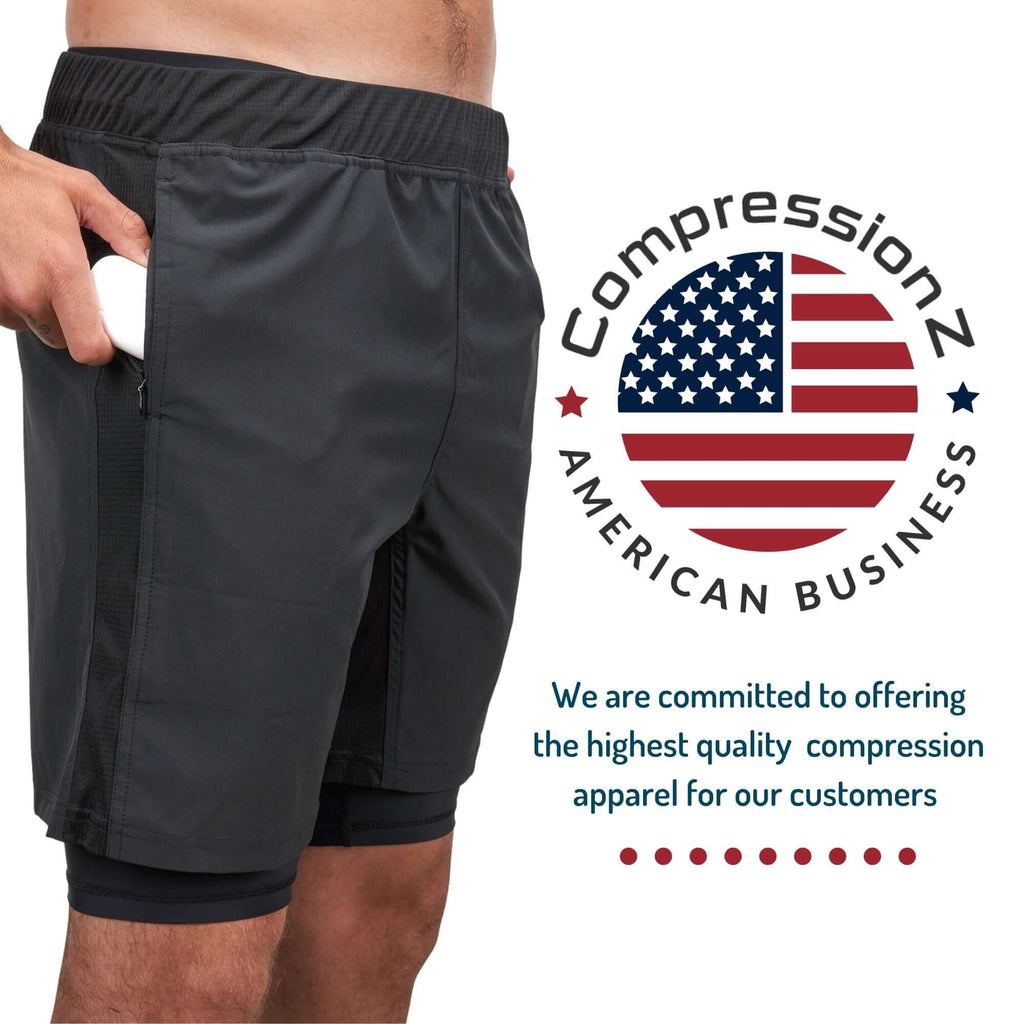 CompressionZ Men's Linerless Gym Shorts, Linerless, breathable mesh panels, hidden drawstring, comfortable dri fit material.