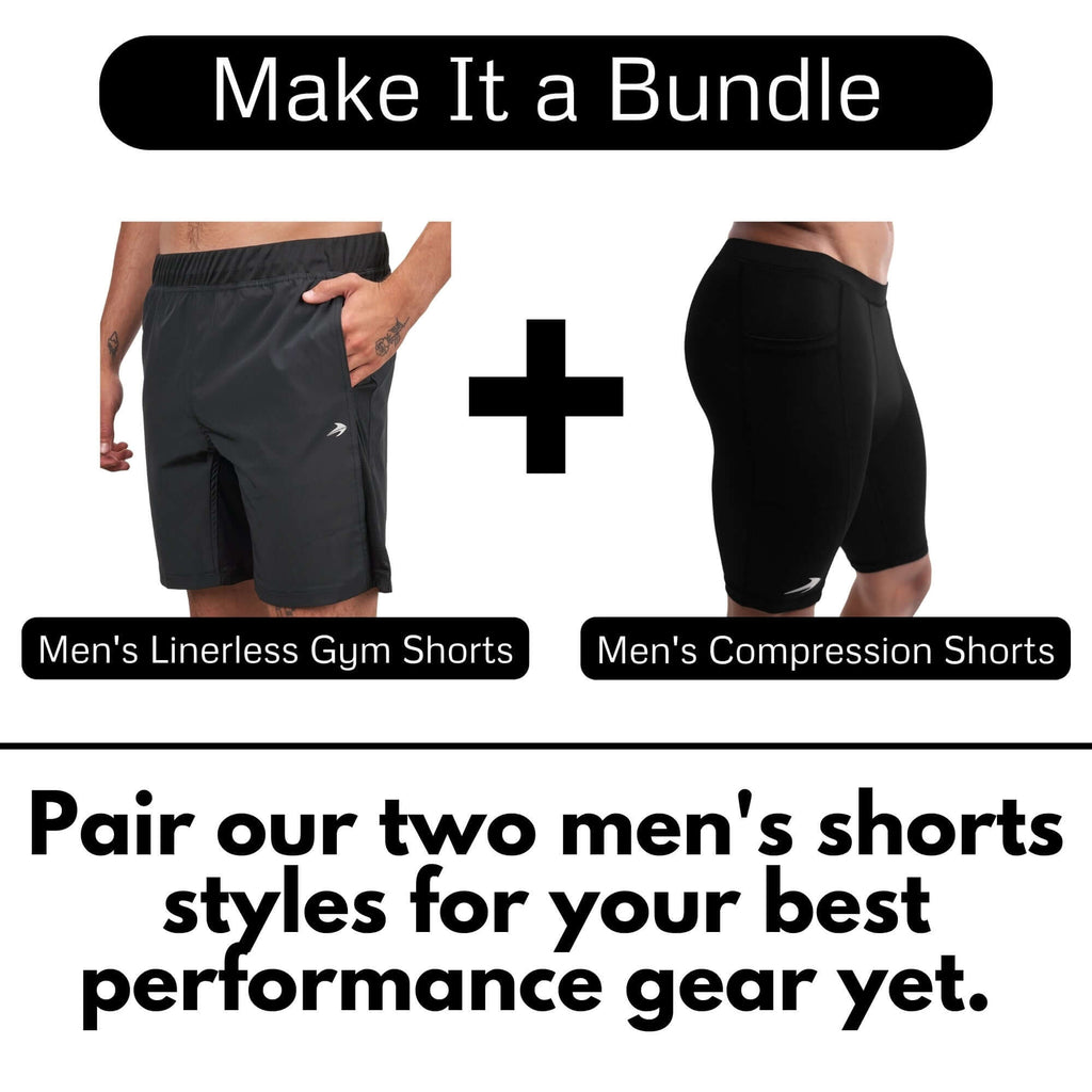 CompressionZ Men's Linerless Gym Shorts, Linerless, breathable mesh panels, hidden drawstring, comfortable dri fit material.