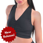 Women's Compression Ribbed Sports Bra. Flat Lock Seams Stitching, Supportive Fit & Removable Pads, 4-Way Stretch Technology, Stylish V-Neck Design.