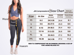 Size chart for Women's Compression 7/8 Leggings in black by CompressionZ, showing measurements for waist, inseam, and front drop.
