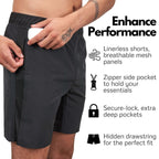 CompressionZ Men's Linerless Gym Shorts, Linerless, breathable mesh panels, hidden drawstring, comfortable dri fit material.