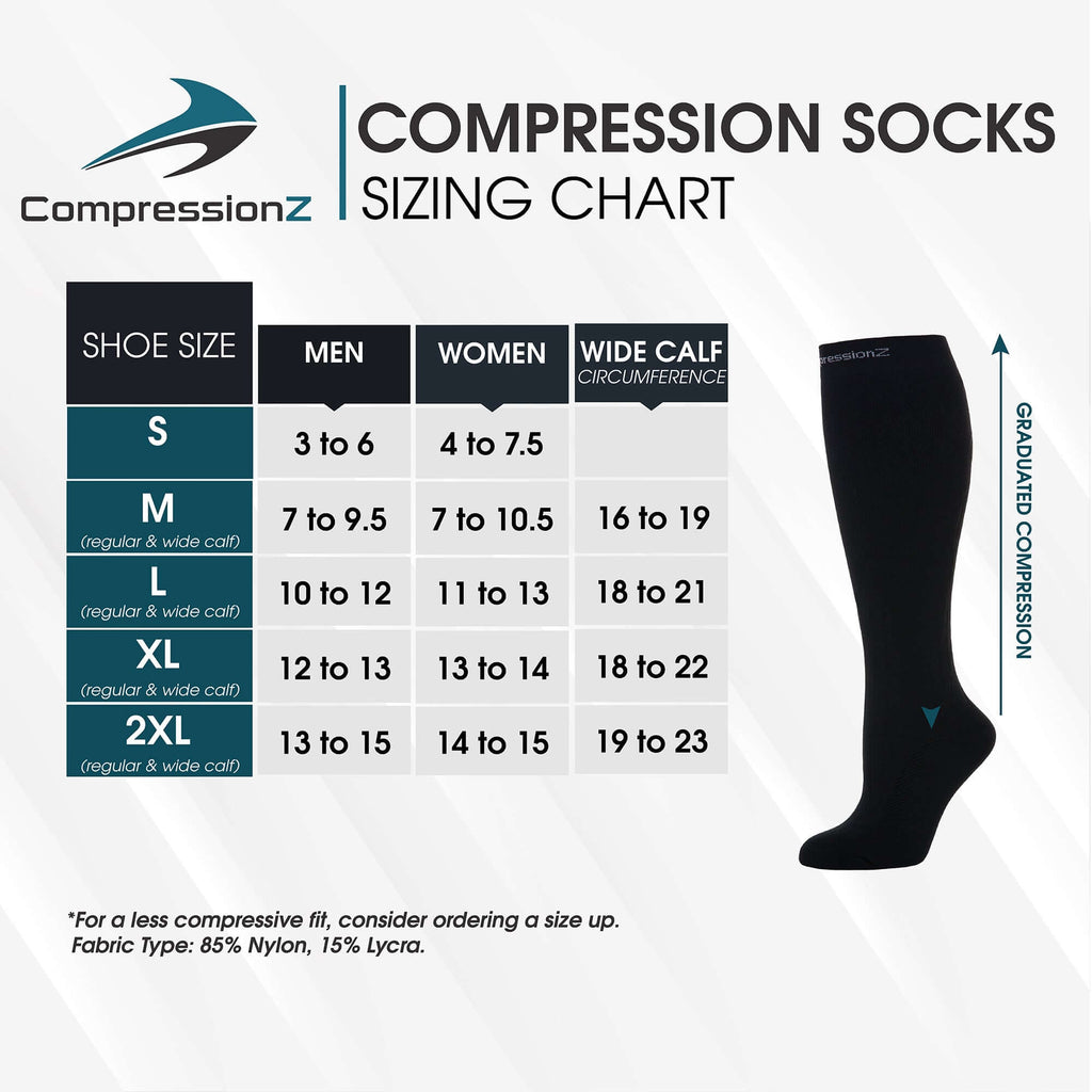 Size Chart for CompressionZ Compression Socks For Men & Women, Graduated Compression Socks, Enhanced Mobility and Circulation, Ultimate Comfort Fit, Knee-High Length with Secure Cuff
