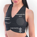 Women's Compression Ribbed Sports Bra. Flat Lock Seams Stitching, Supportive Fit & Removable Pads, 4-Way Stretch Technology, Stylish V-Neck Design.