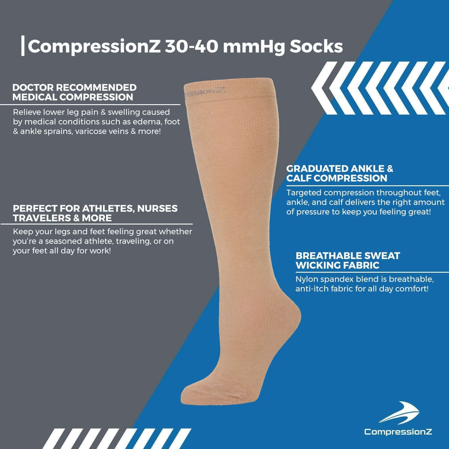 CompressionZ Compression Socks For Men & Women, Graduated Compression Socks, Enhanced Mobility and Circulation, Ultimate Comfort Fit, Knee-High Length with Secure Cuff