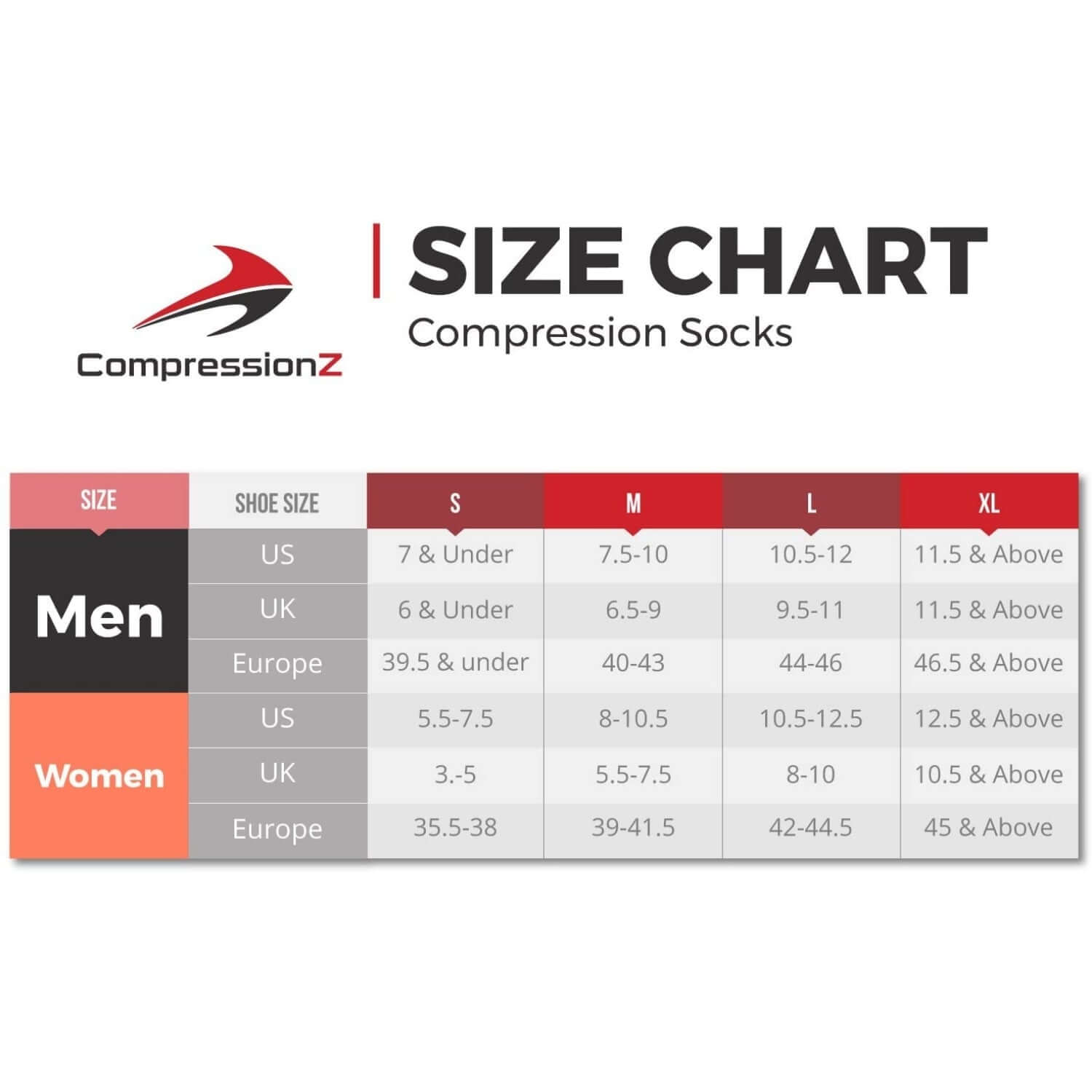 Size Chart for CompressionZ Compression Socks 20-30 mmHG for Men & Women, RELIEVE PAIN, REDUCE SWELLING, ENHANCE WORKOUTS, KEEP FEET HAPPY, FEEL GREAT
