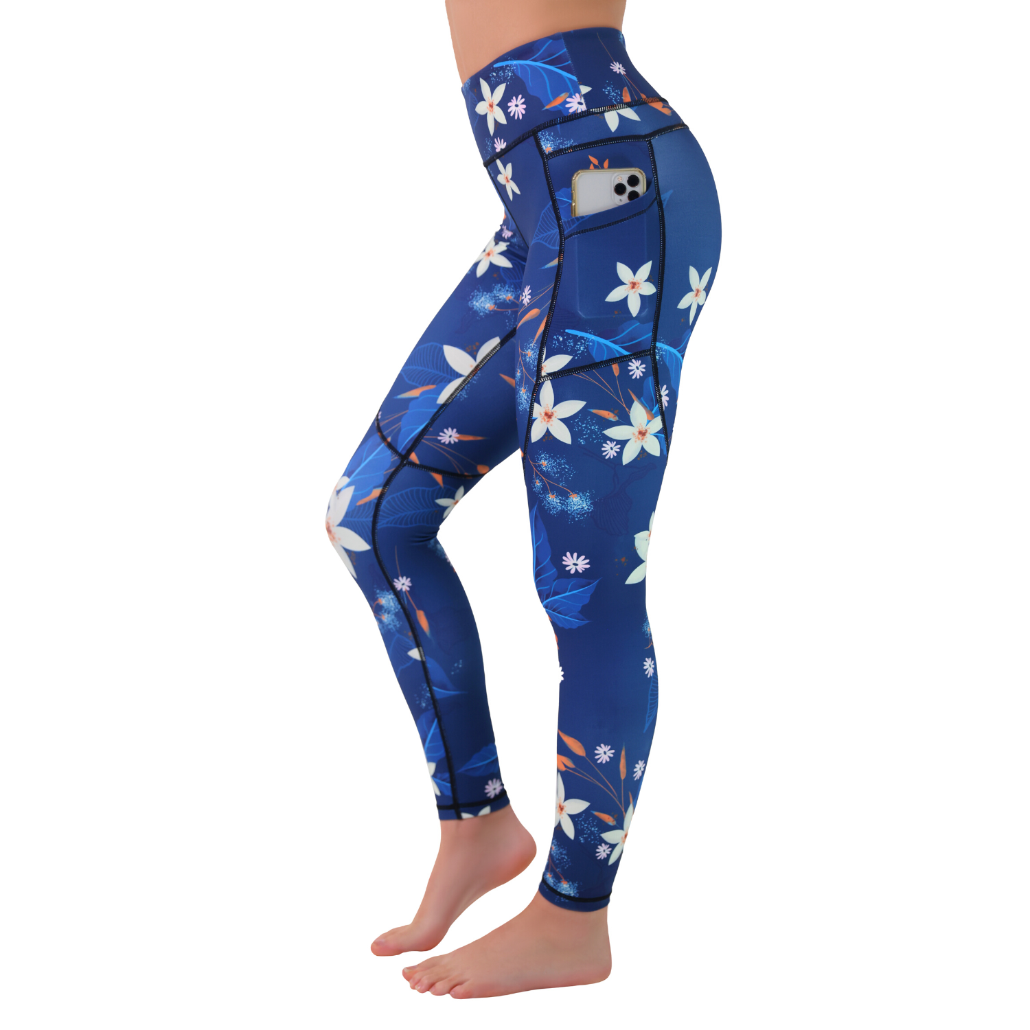 Women's Compression Leggings W/ Pockets - Flower Blue