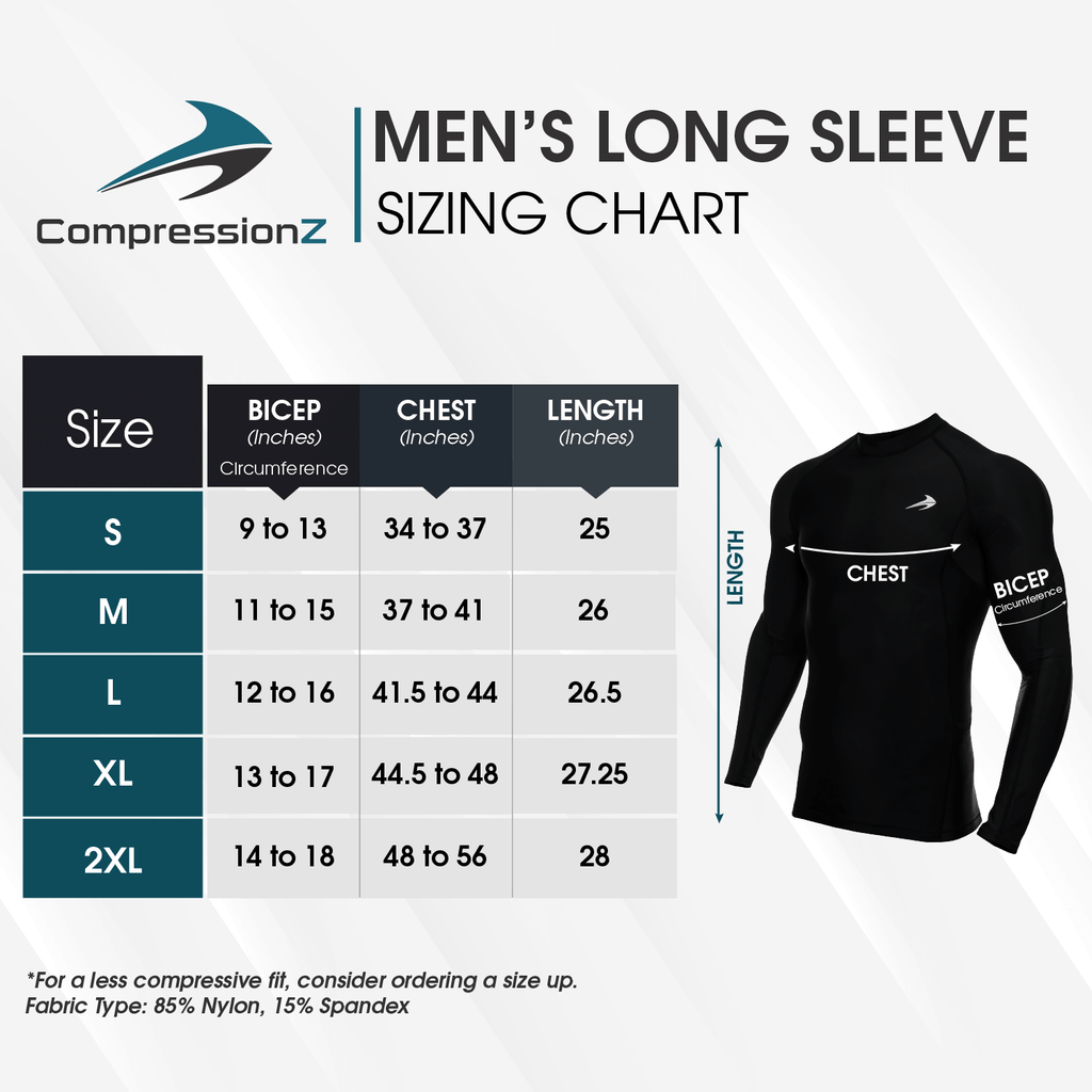 Size Chart for CompressionZ Mens Quick Dry Compression Long Sleeve, Soft & Comfortable Fabric, Breathable & Quick-Drying, Optimized Muscle Support, Durable & Reliable Performance Gear