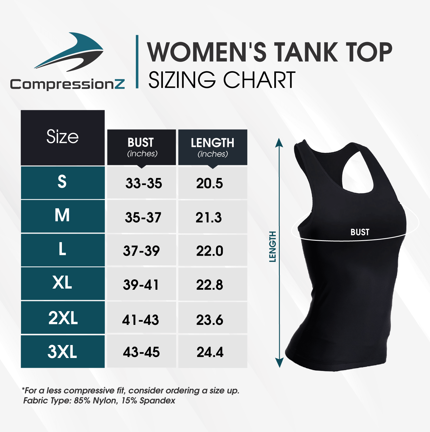 Size Chart for CompressionZ Women's Compression Tank Top Shapewear Racerback, FLAT LOCK SEAMS STITCHING, 4-WAY STRETCH TECHNOLOGY, SUPPORTIVE FIT, HIGH PERFORMANCE FABRIC